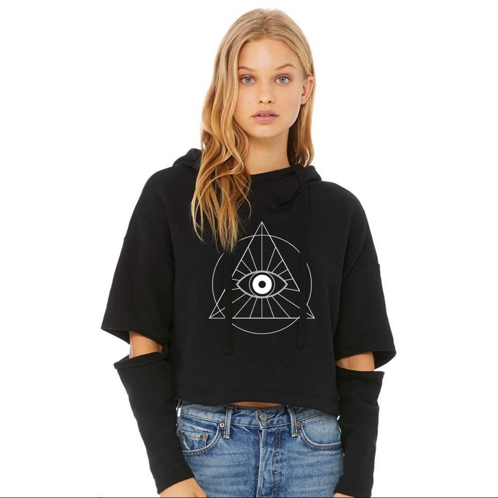 Third eye Elbow cut out fleece hoodie